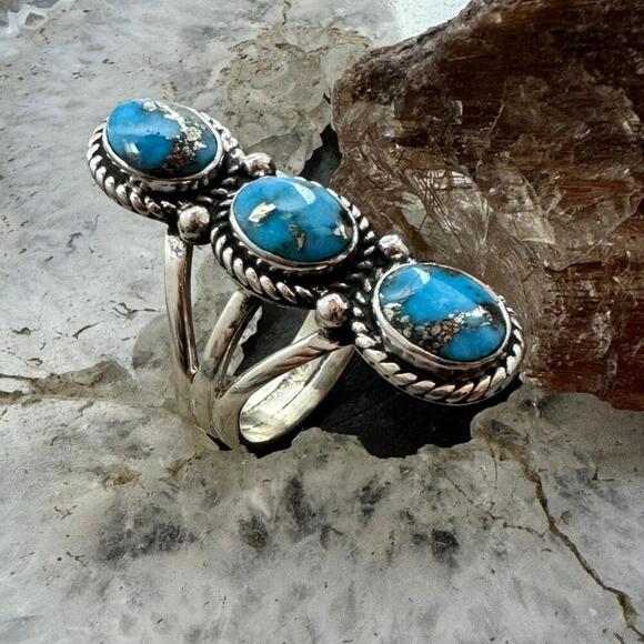 Native American Sterling Silver 3 Oval Matrixed Turquoise Ring Sz 6.75 For Women - Picture 3 of 10